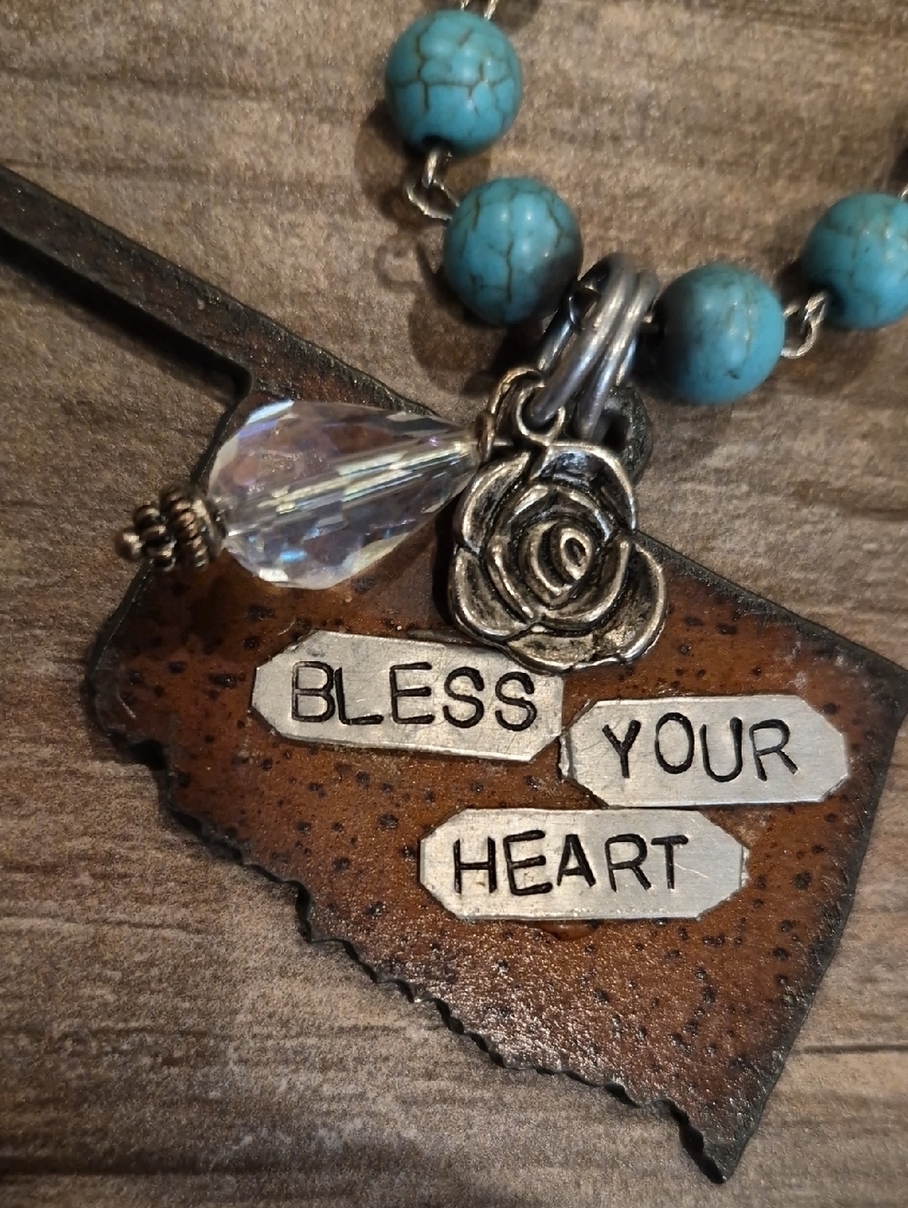 Oklahoma Rustic Metal State Pendant Howlite Turquoise Beaded Necklace